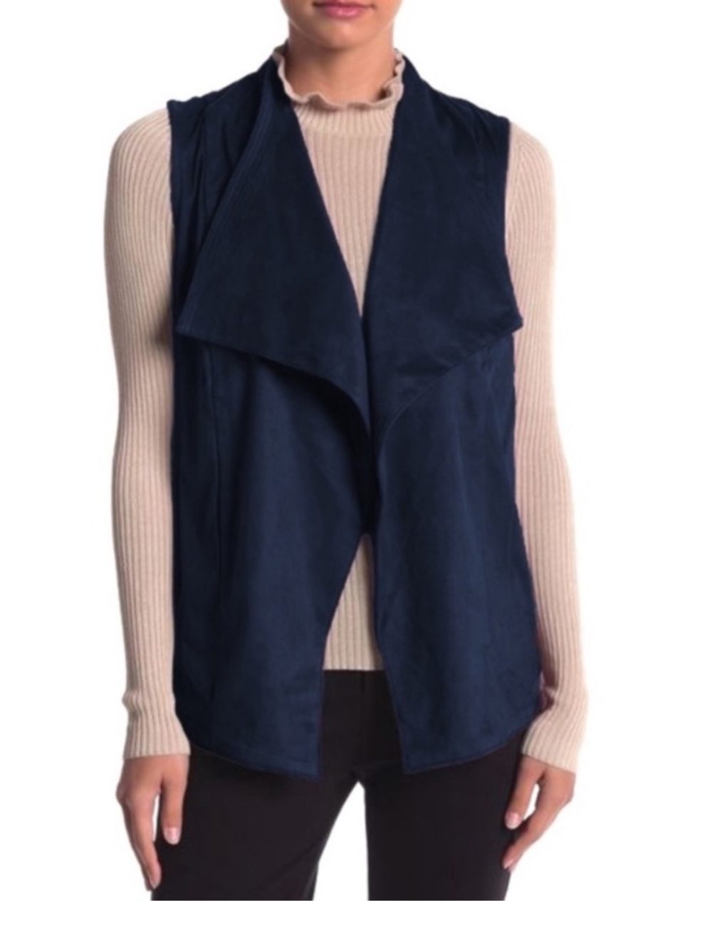 $185 ROMEO + JULIET COUTURE Navy Blue Faux Suede Waterfall Open Vest Size Small